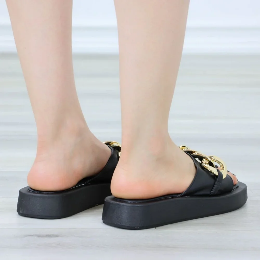 Black Slide Chunky Sandals Gold Chain Thick Sole Slip-On Casual Chic